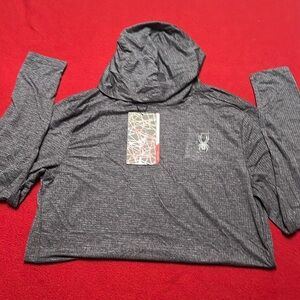 Spyder Active Shirt Mens medium Gray Pullover Long Sleeve Hooded Stretch NWT